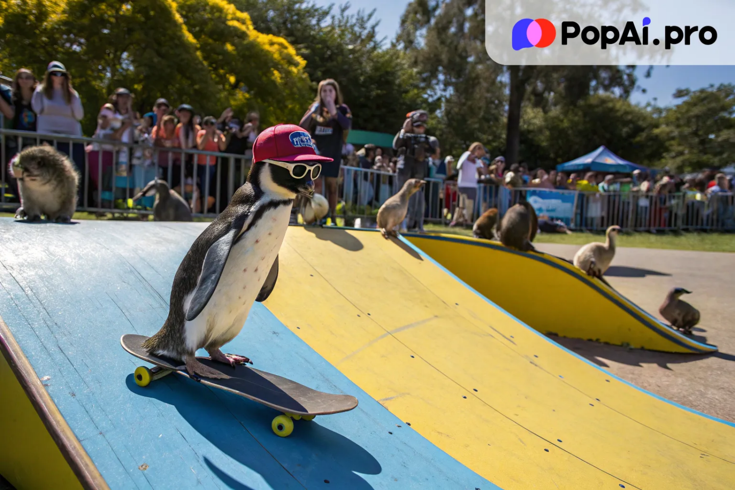 A penguin attempting to ride a skateboard down a ramp