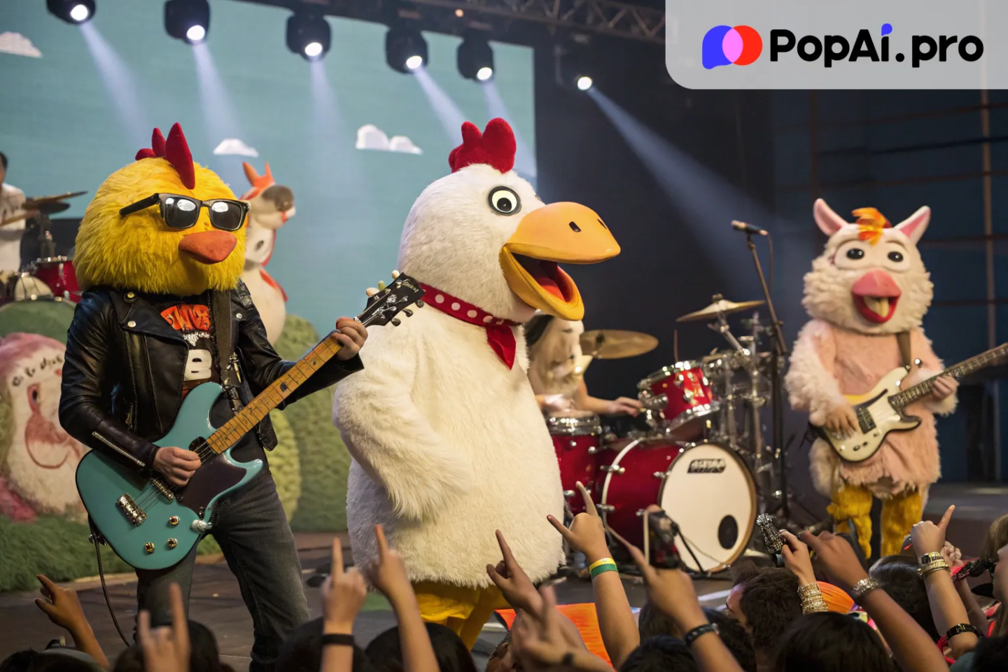 A group of chickens at a rock concert