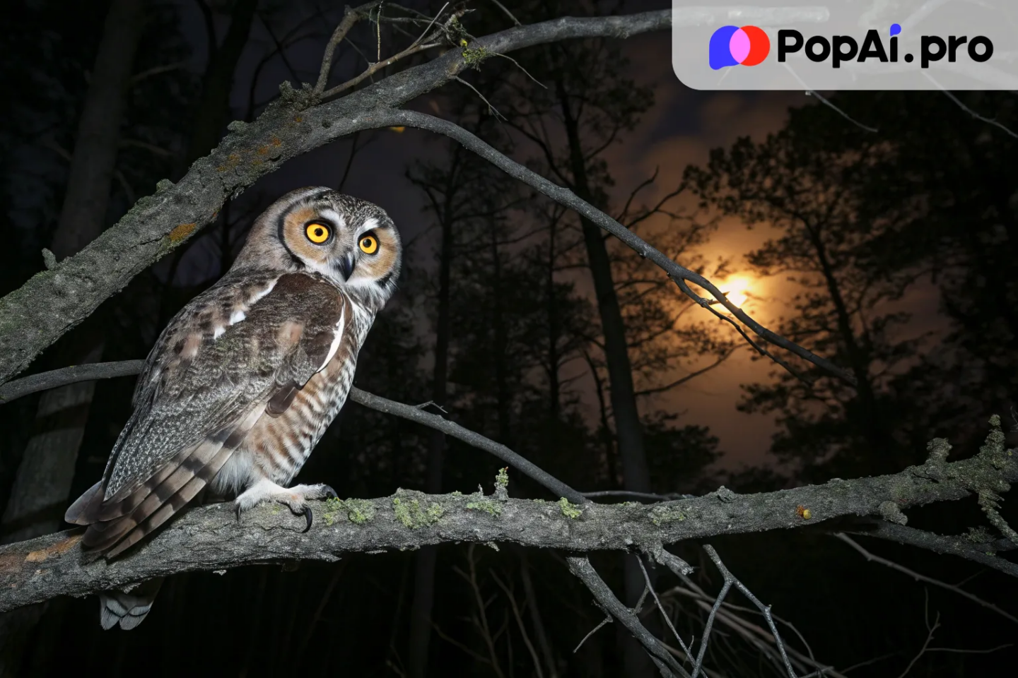 A mysterious owl perched on a branch in a dark forest at night