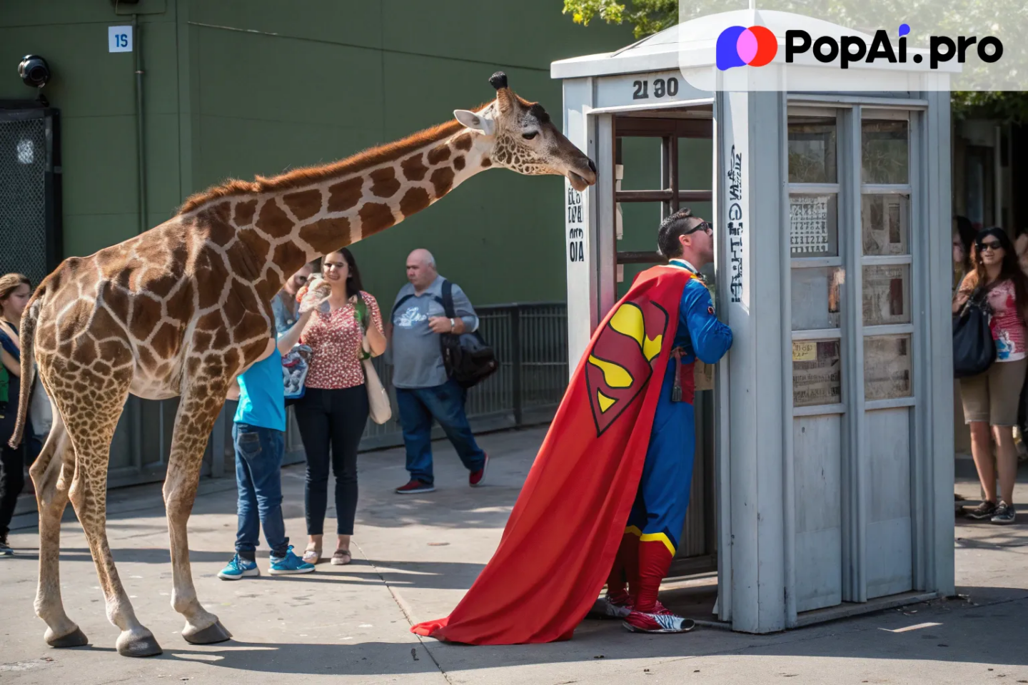 A giraffe in a superhero cape trying to fit into a tiny phone booth