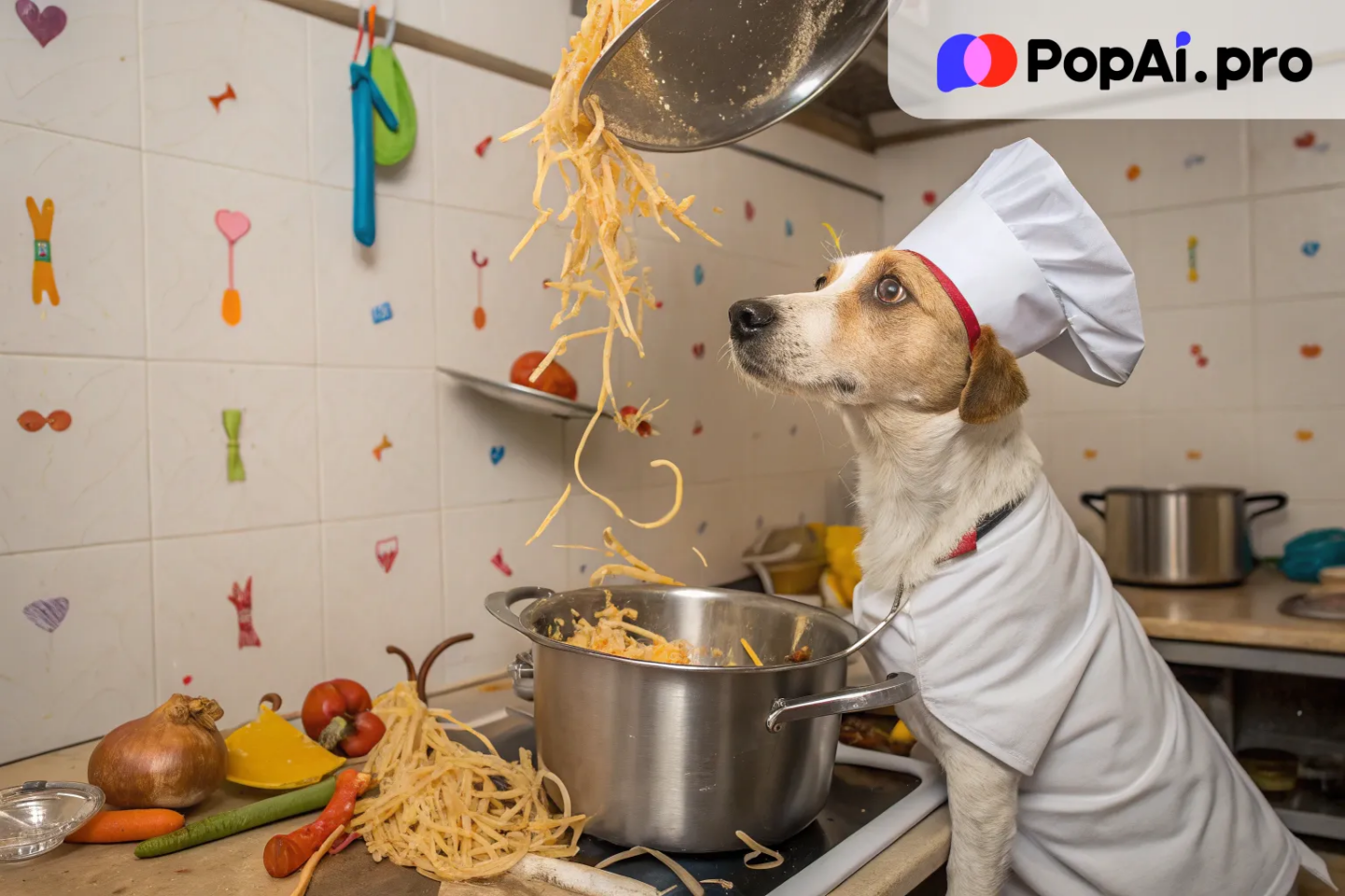 A dog wearing a chef's hat and apron