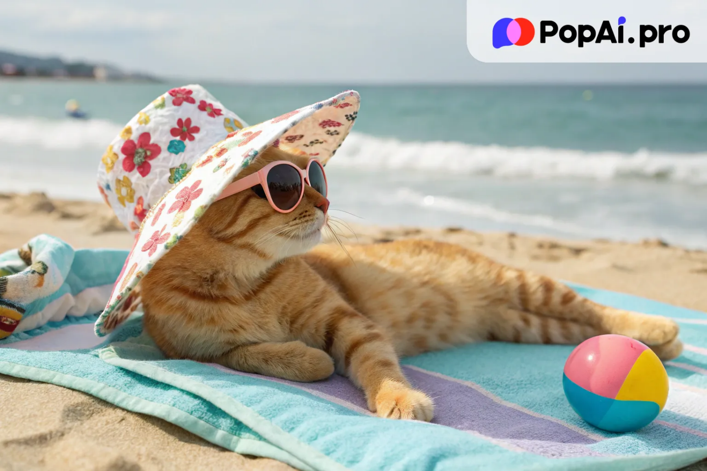 A mischievous orange tabby cat wearing a large sunhat
