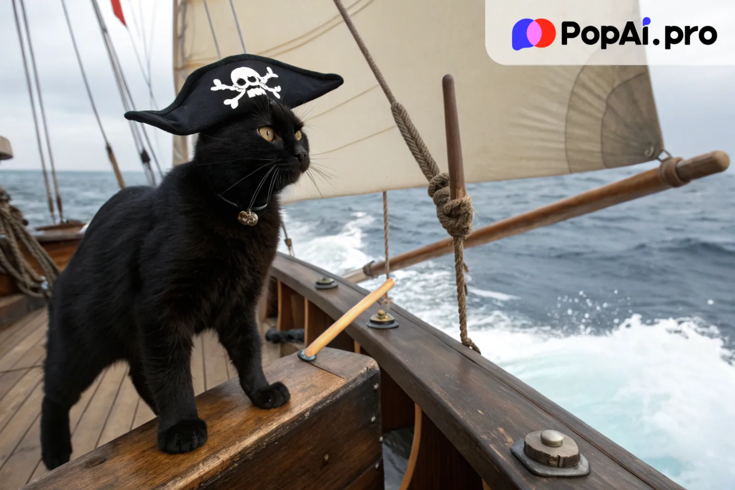 A sleek black cat wearing a pirate hat with a skull and crossbones emblem