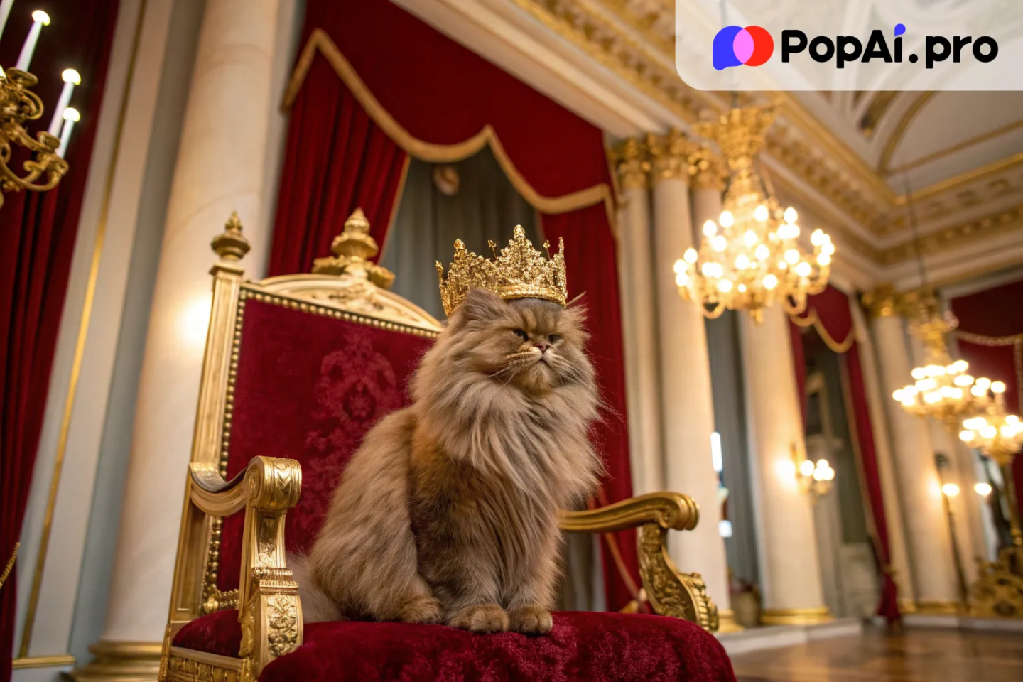 A regal Persian cat with a golden crown on its head