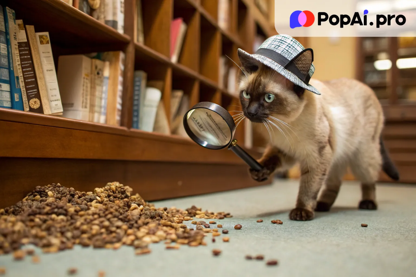 A curious Siamese cat wearing a detective’s deerstalker hat