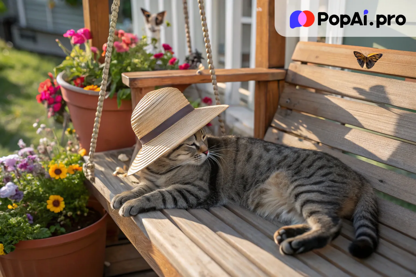 A lazy gray tabby cat wearing a wide-brimmed straw hat