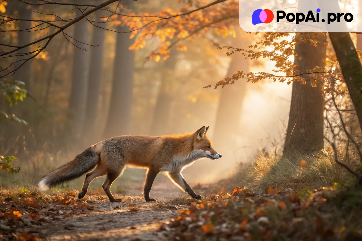 A beautiful fox walking gracefully through the forest at sunrise
