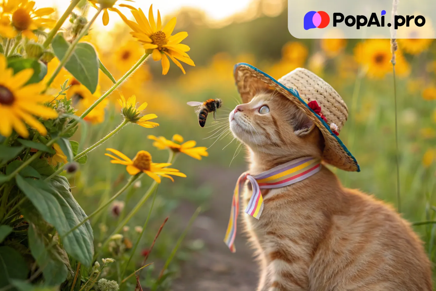 A playful ginger cat wearing a small straw sunhat