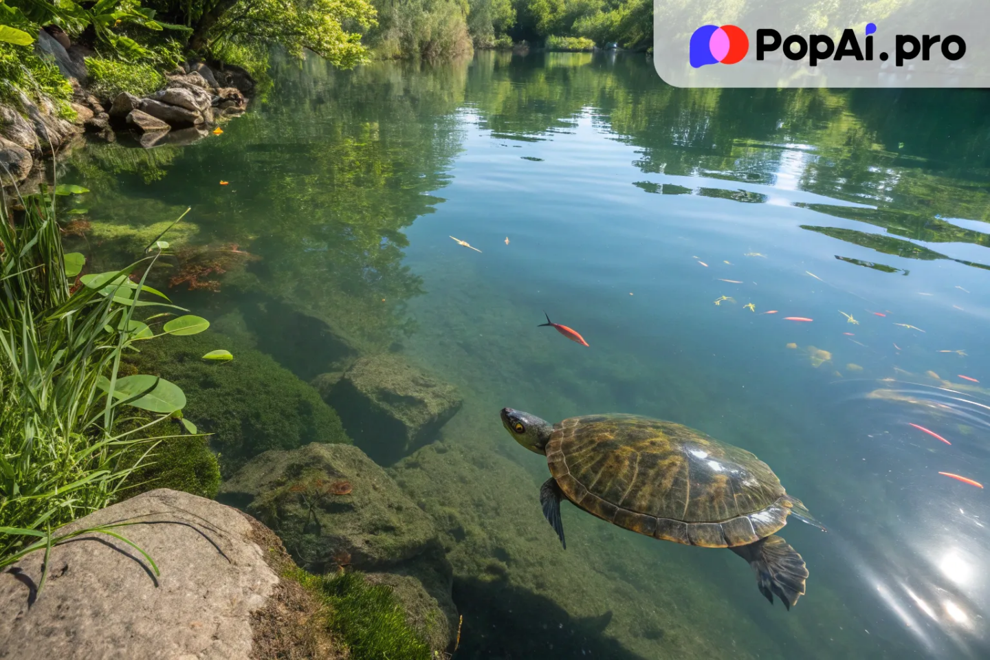 A peaceful turtle slowly swimming through a calm, clear river