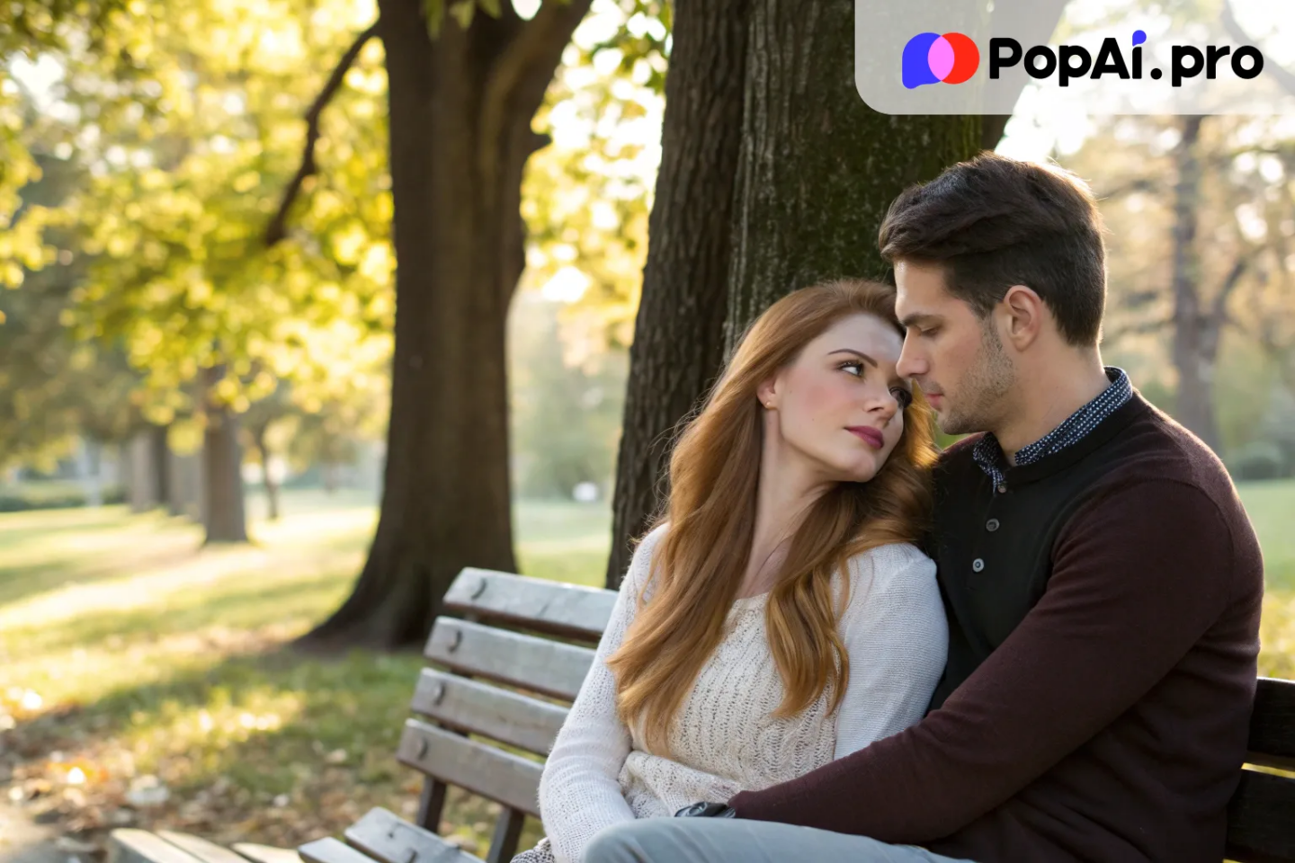 a couple sitting on a park bench under a tree