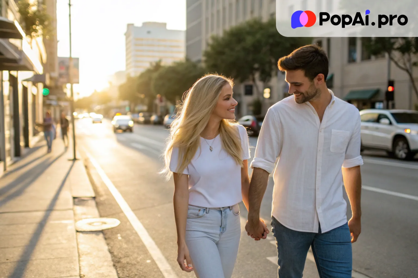 a couple walking hand in hand along a bustling city street