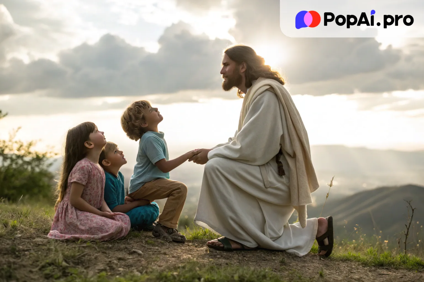 Jesus kneeling on the ground, surrounded by a group of children