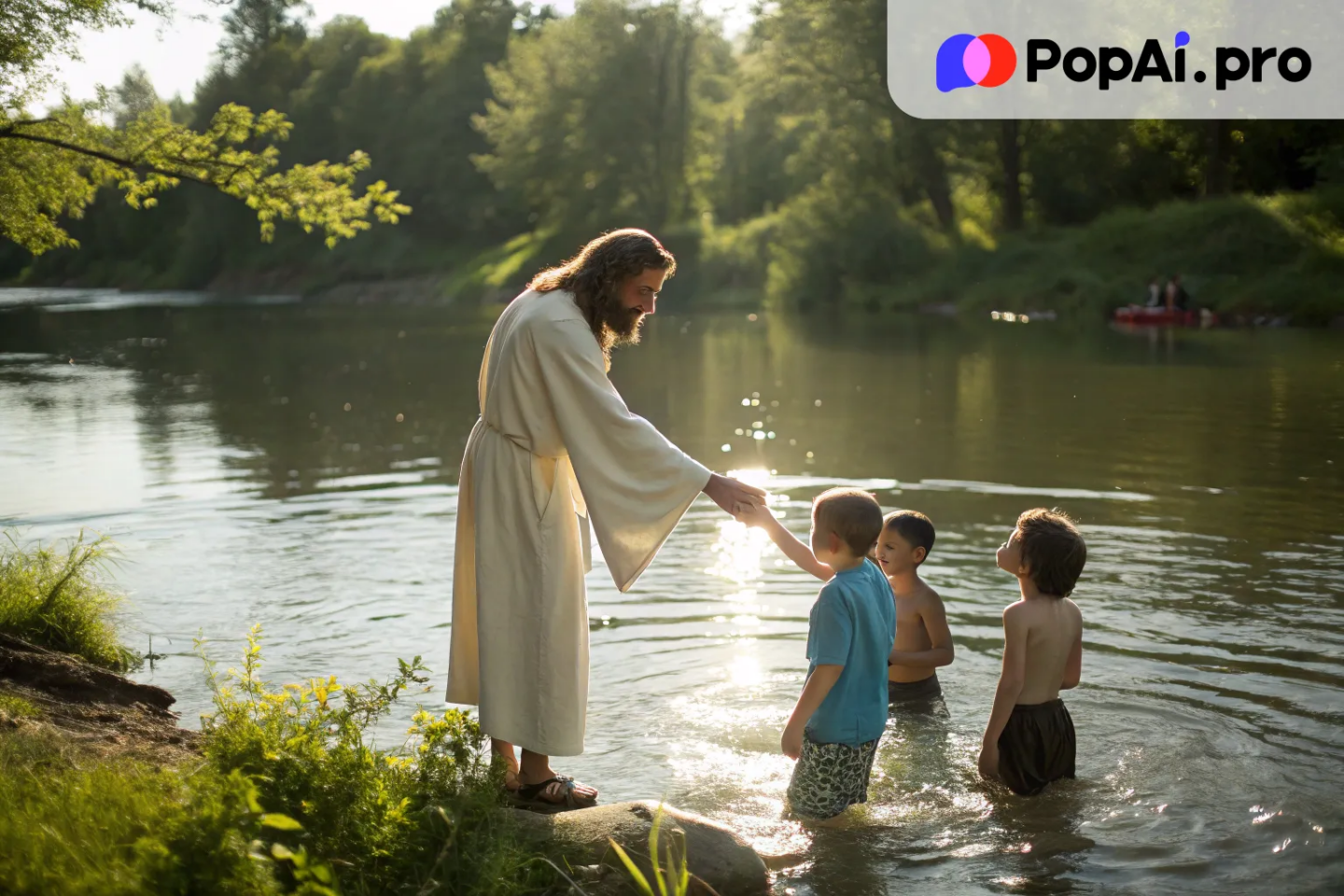 Jesus is standing by a tranquil river, with a group of children