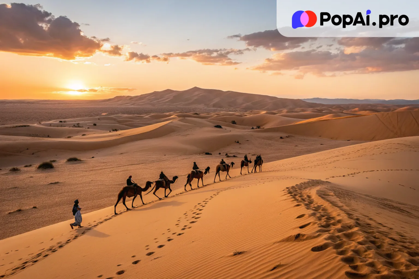 A long shot of a vast desert landscape during the golden hour