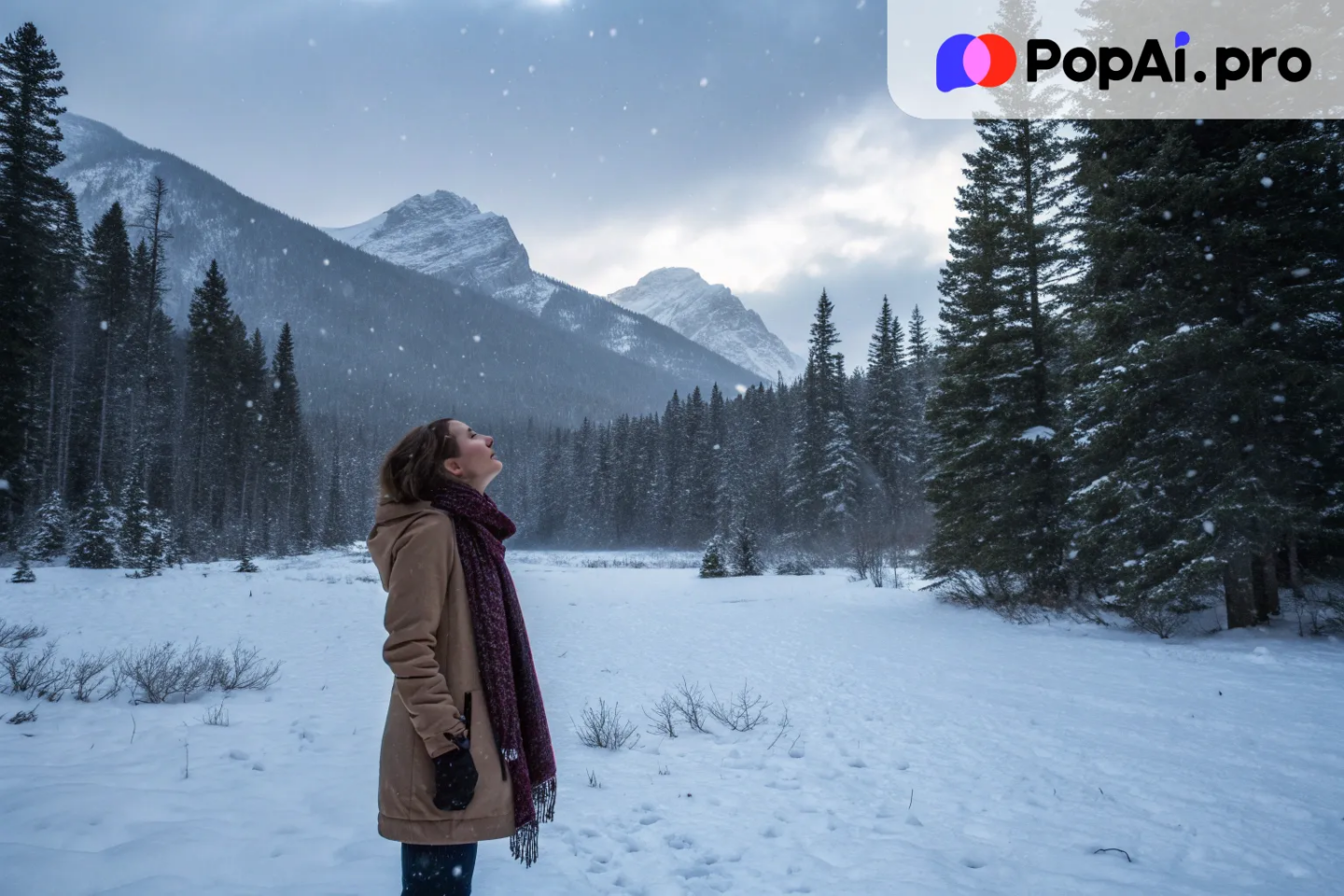 A long shot of a woman standing in the middle of a snowy field