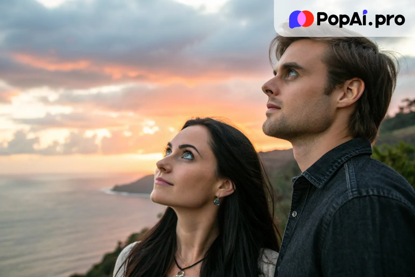 a couple standing on a cliff at sunset
