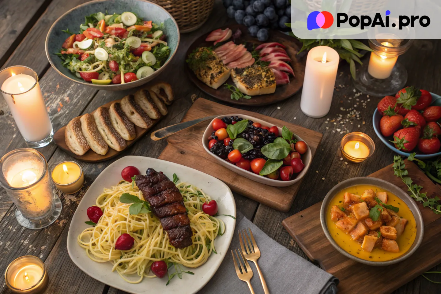 "A high-angle shot of a vibrant food spread on a rustic wooden table