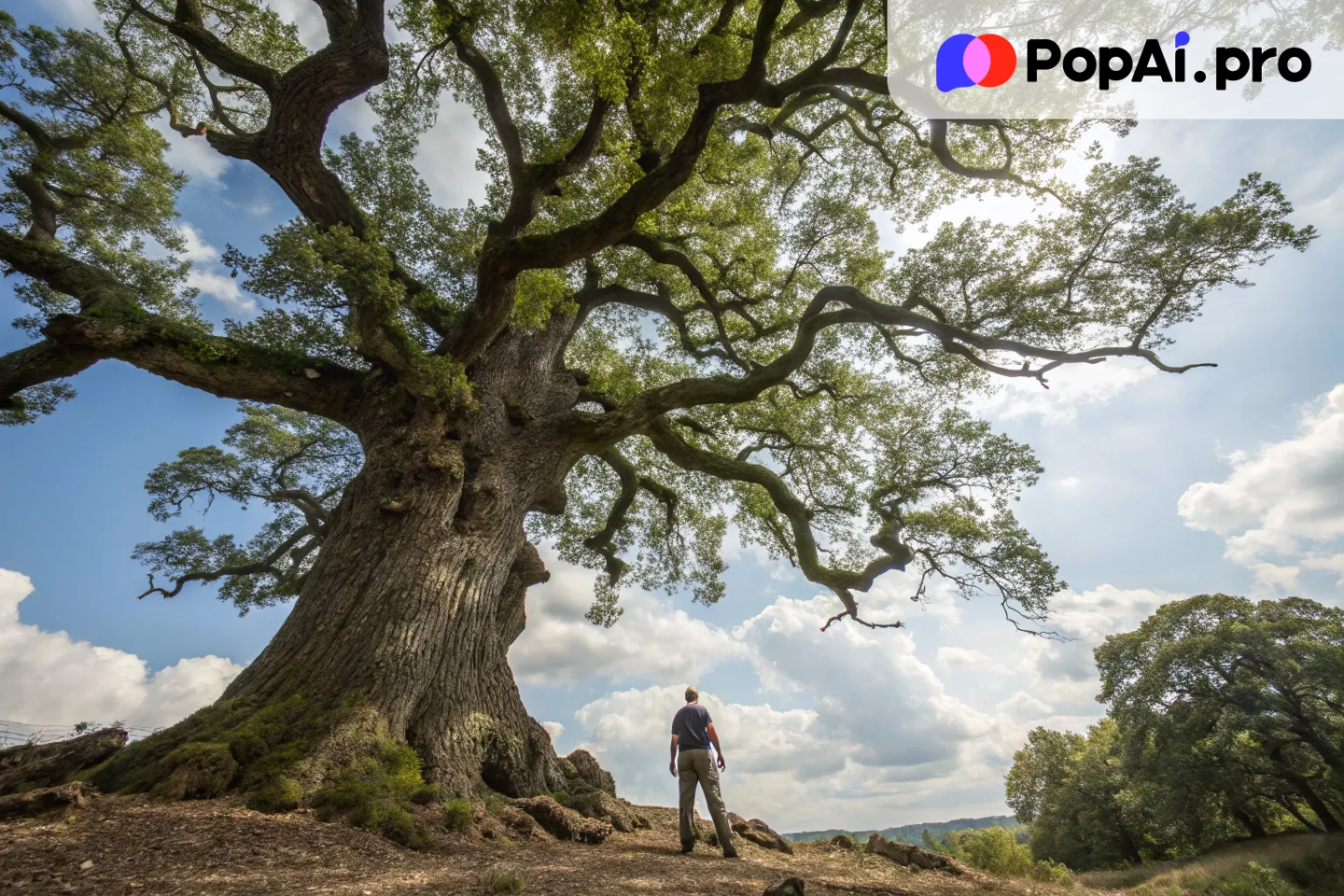 A low-angle shot of an ancient oak tree with a thick trunk and sprawling branches
