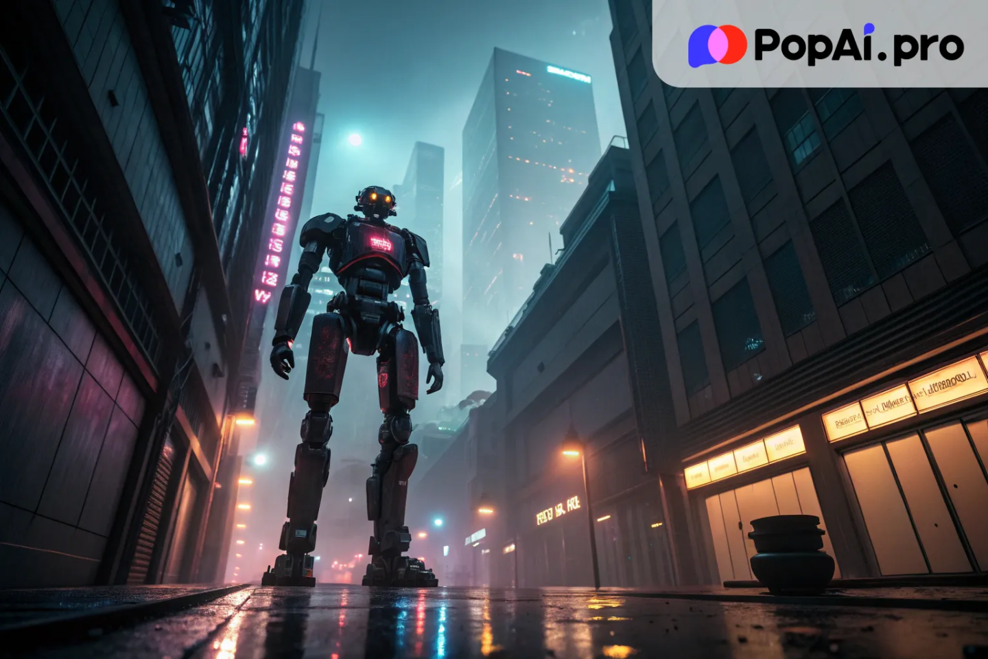 A low-angle shot of a futuristic robot standing in a dimly lit, industrial city.