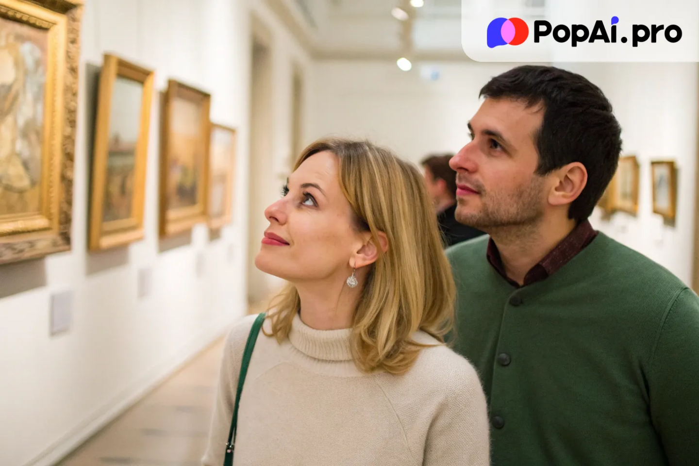 a couple walking through an art museum