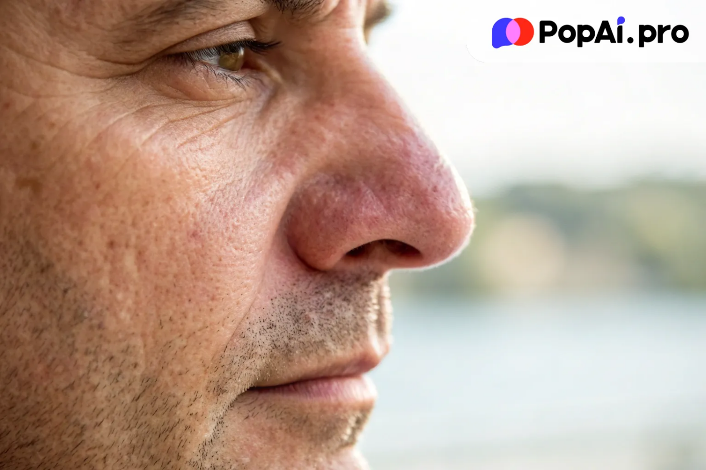 Extreme close-up shot, focusing on a middle-aged man's nose