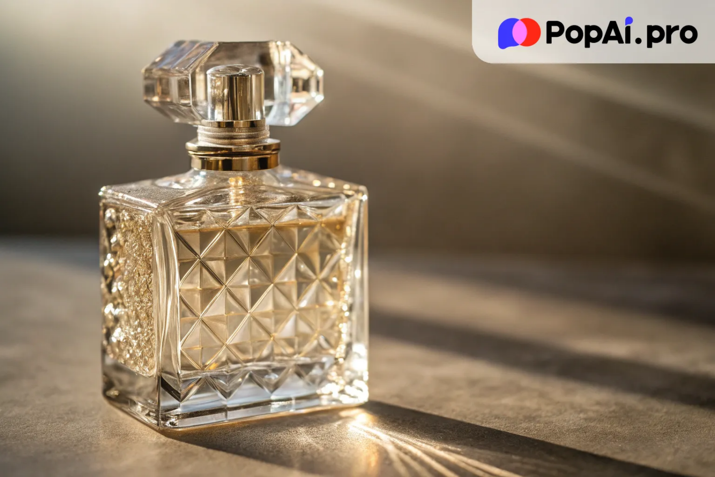 A hyper-realistic image of a luxury glass bottle of perfume
