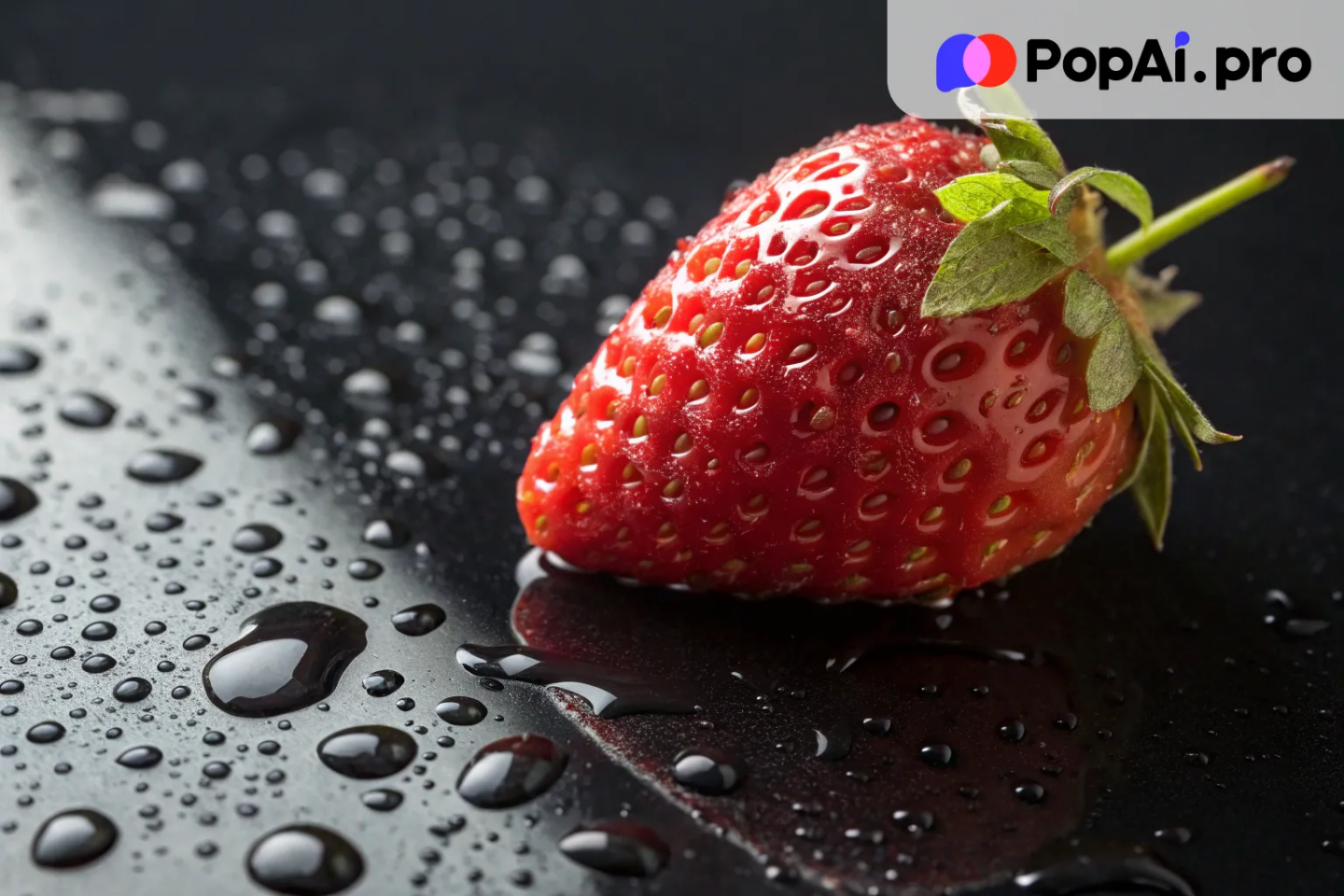 A hyper-realistic close-up of a fresh strawberry resting on a black surface