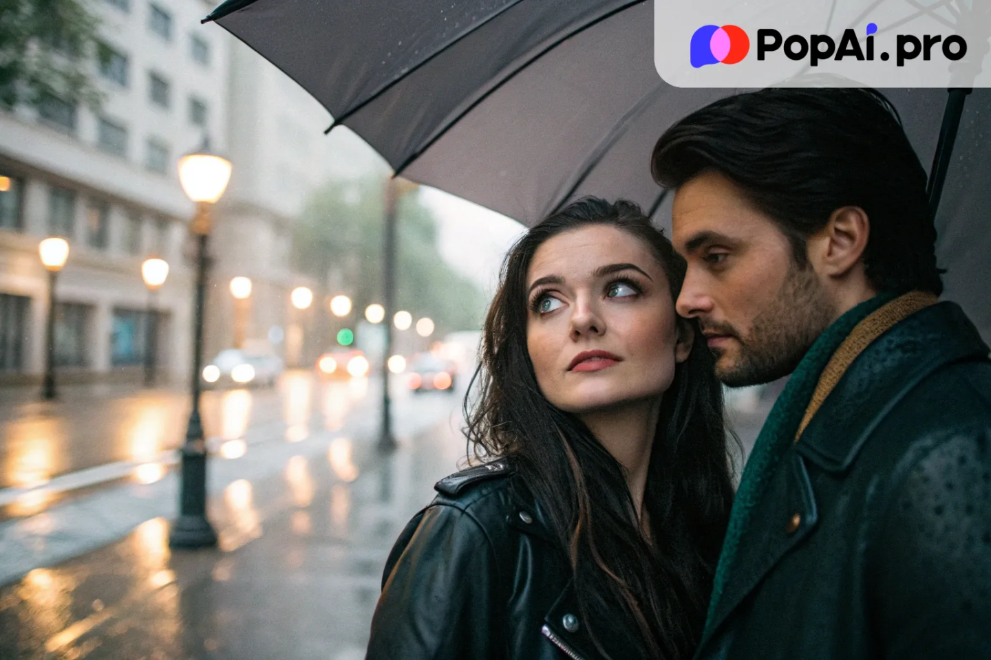 a couple standing together under an umbrella on a rainy street