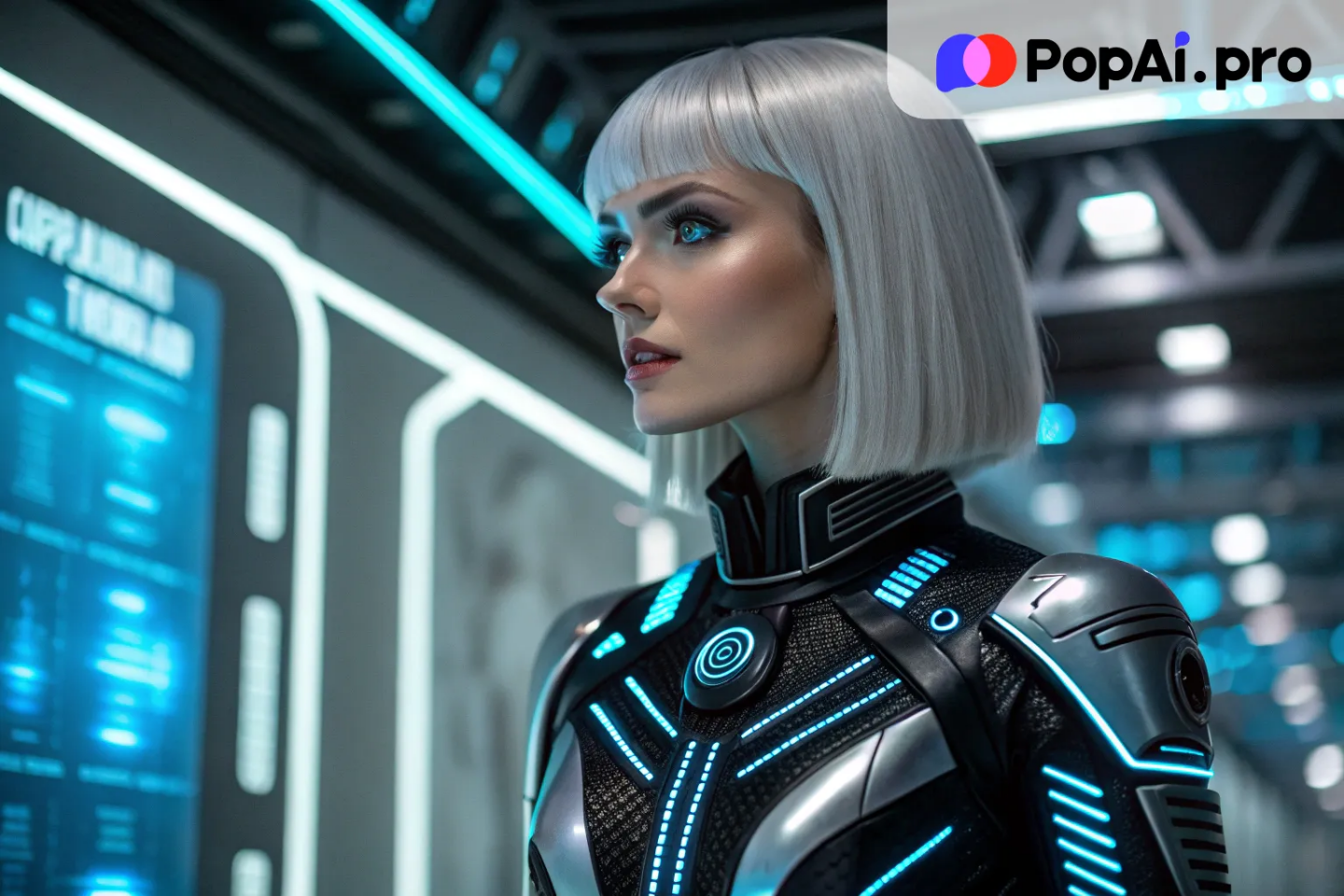 a futuristic robotic doll with a sleek, metallic appearance