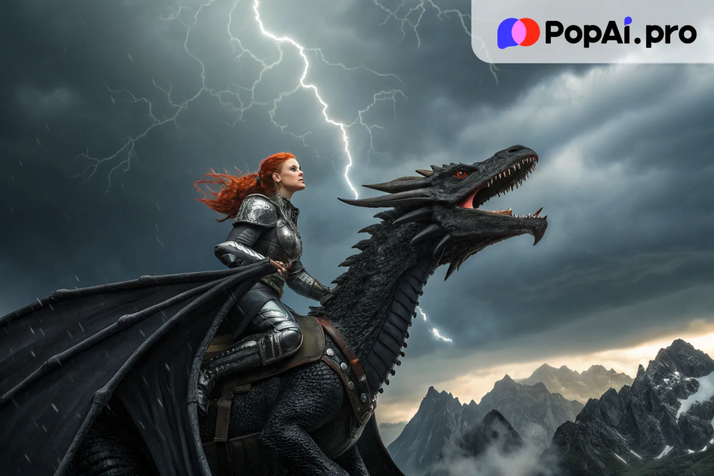 A brave dragon rider, a young woman with fiery red hair