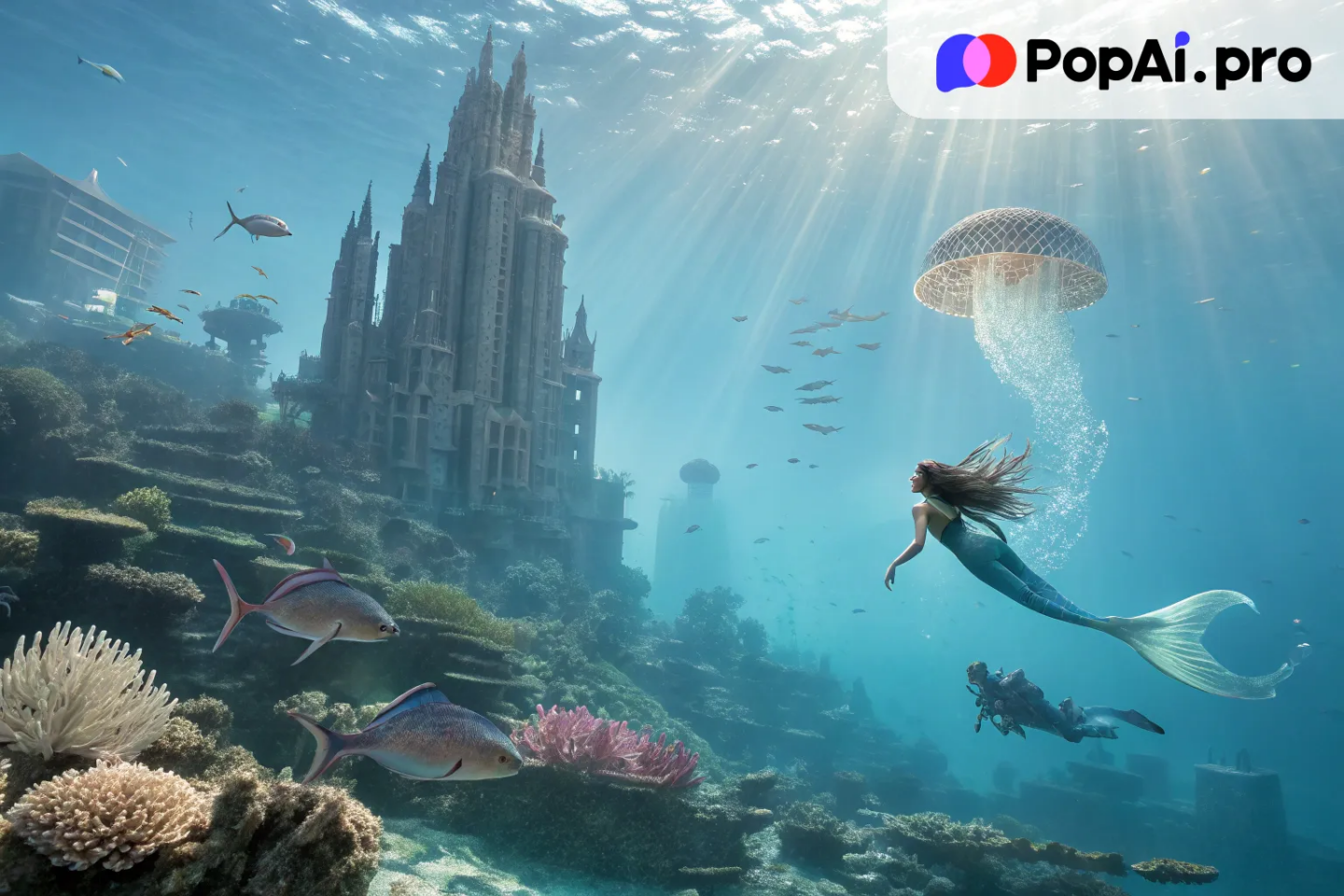 A vibrant underwater city filled with towering coral castles