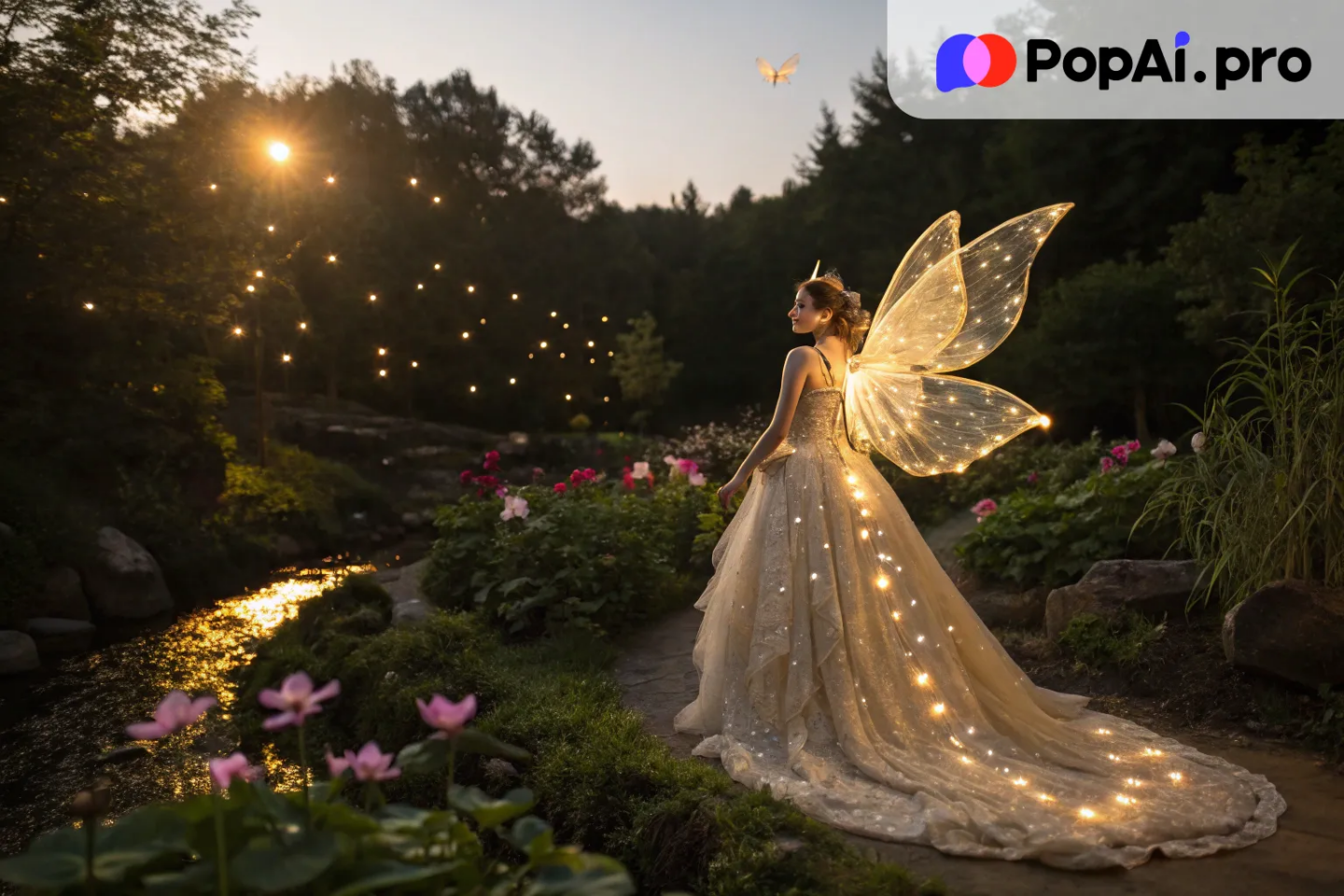 A graceful fairy queen with translucent wings made of golden light