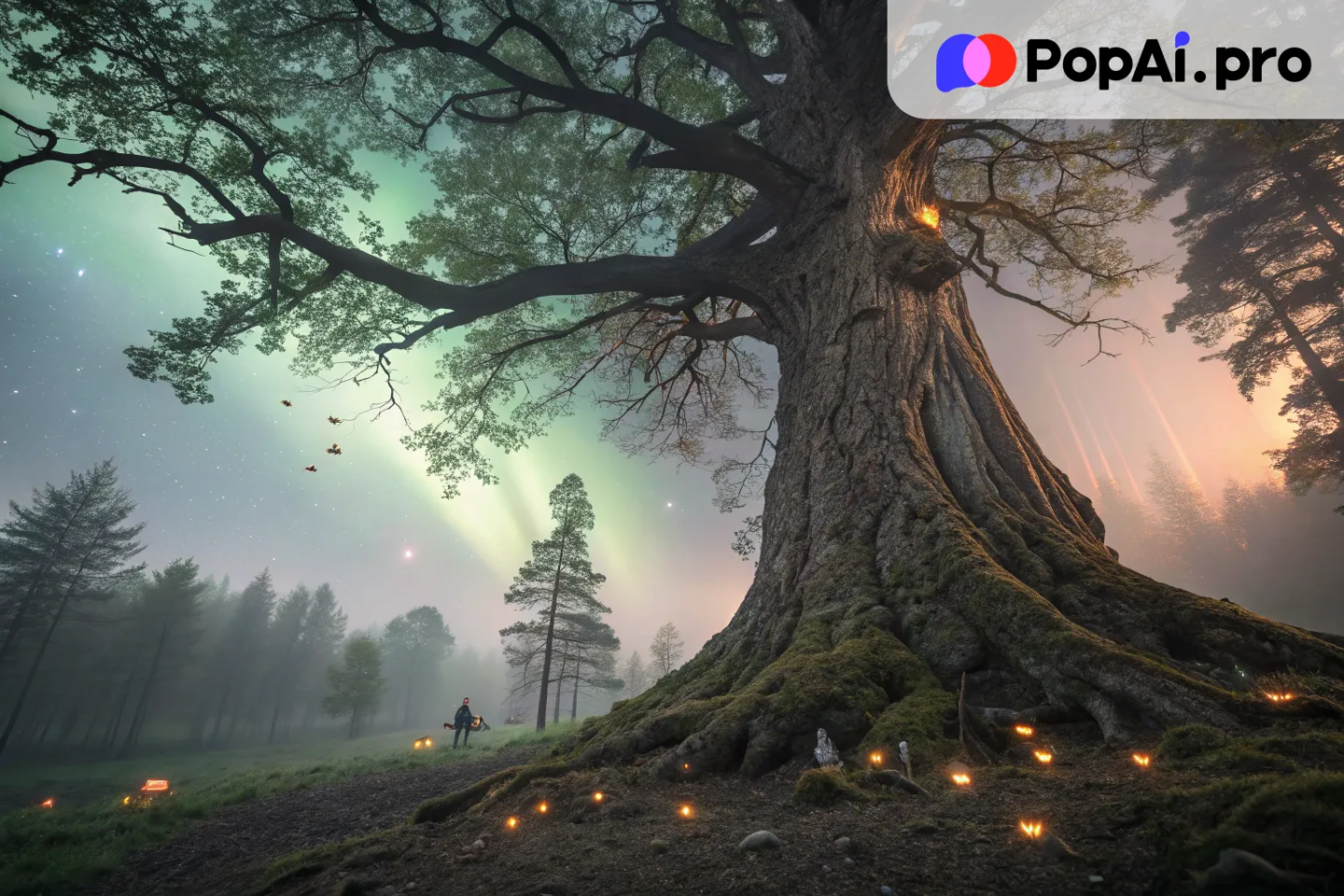 A colossal tree with glowing roots that stretch deep into the earth