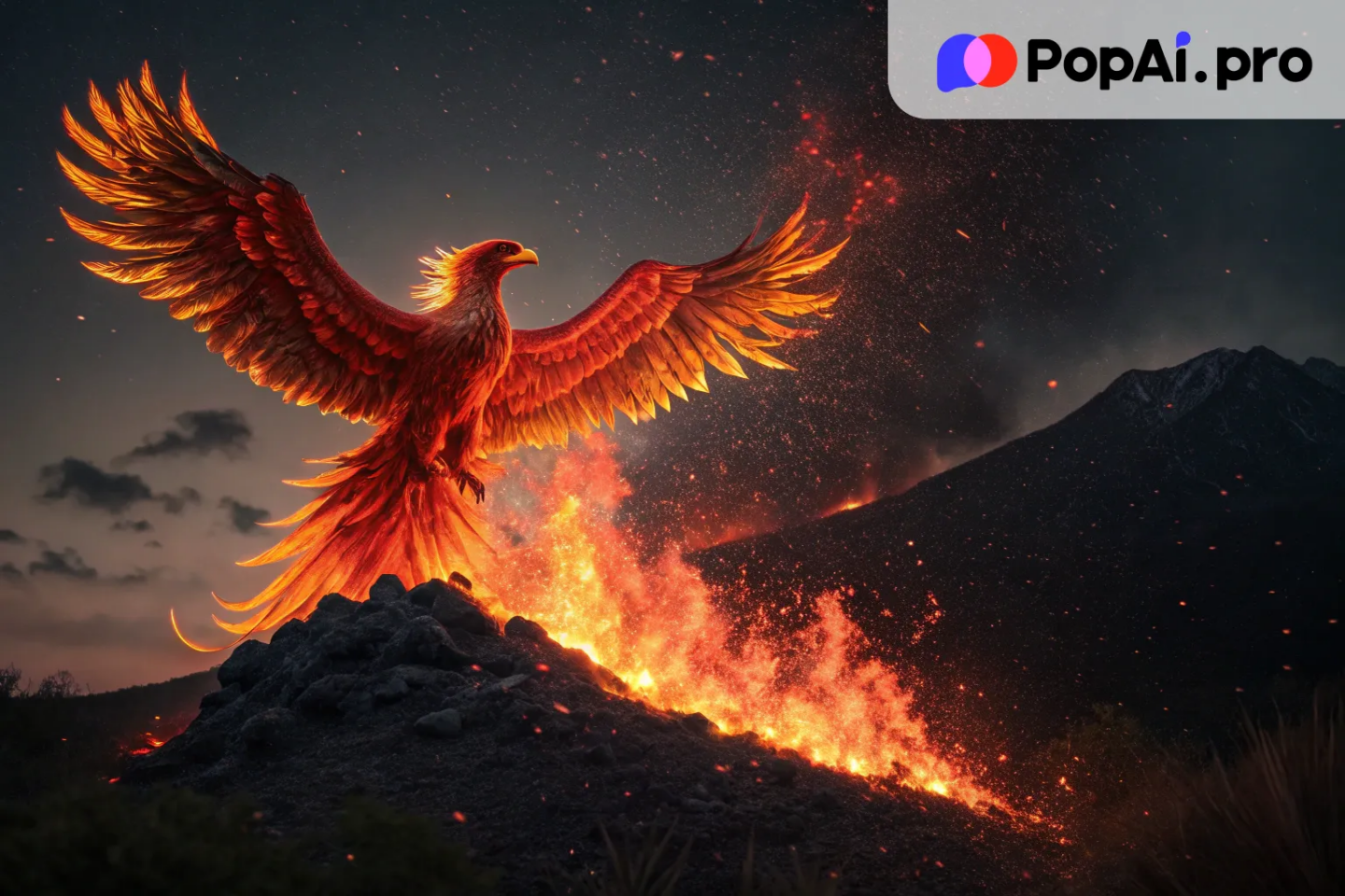 A magnificent phoenix, its wings glowing with fiery reds and oranges