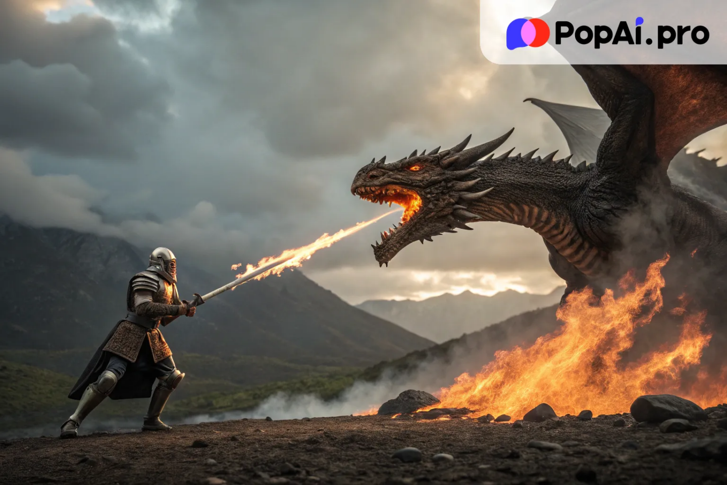 A fierce battle between a knight in shining armor and a massive, fire-breathing drago
