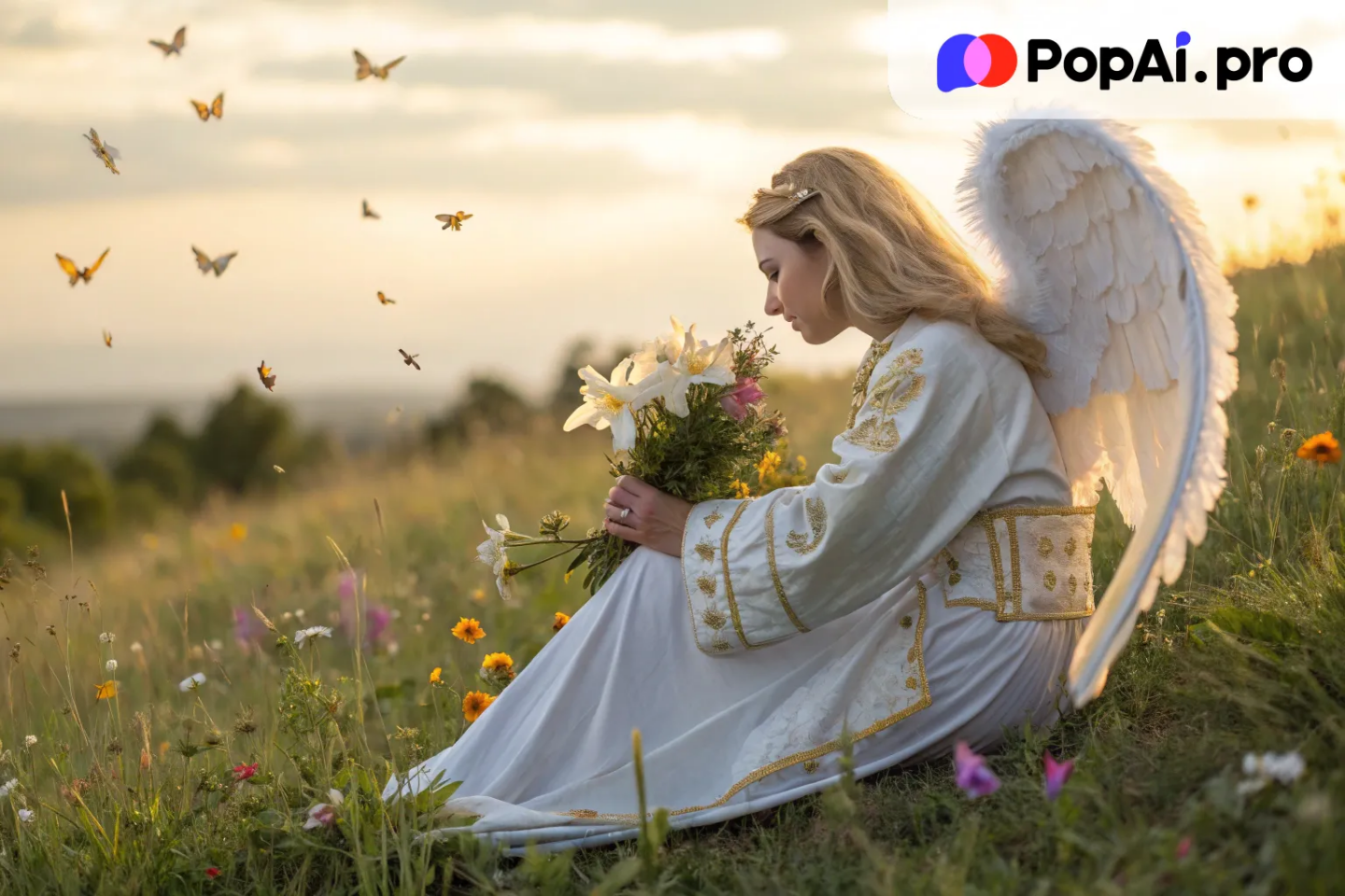 An angel with pure white wings, sitting gracefully in a meadow