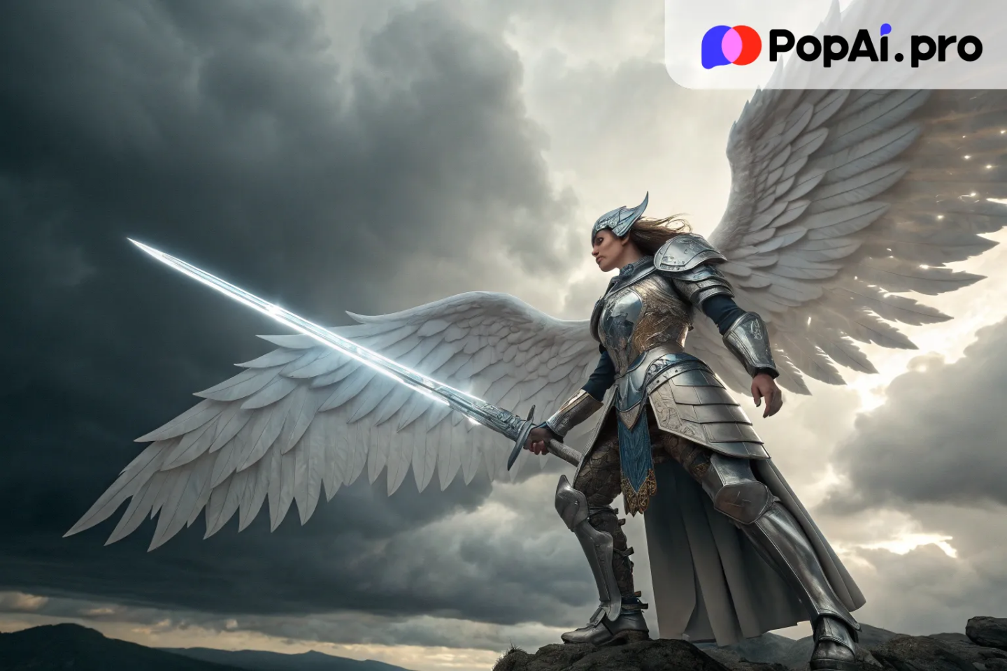 A powerful warrior angel with silver armor