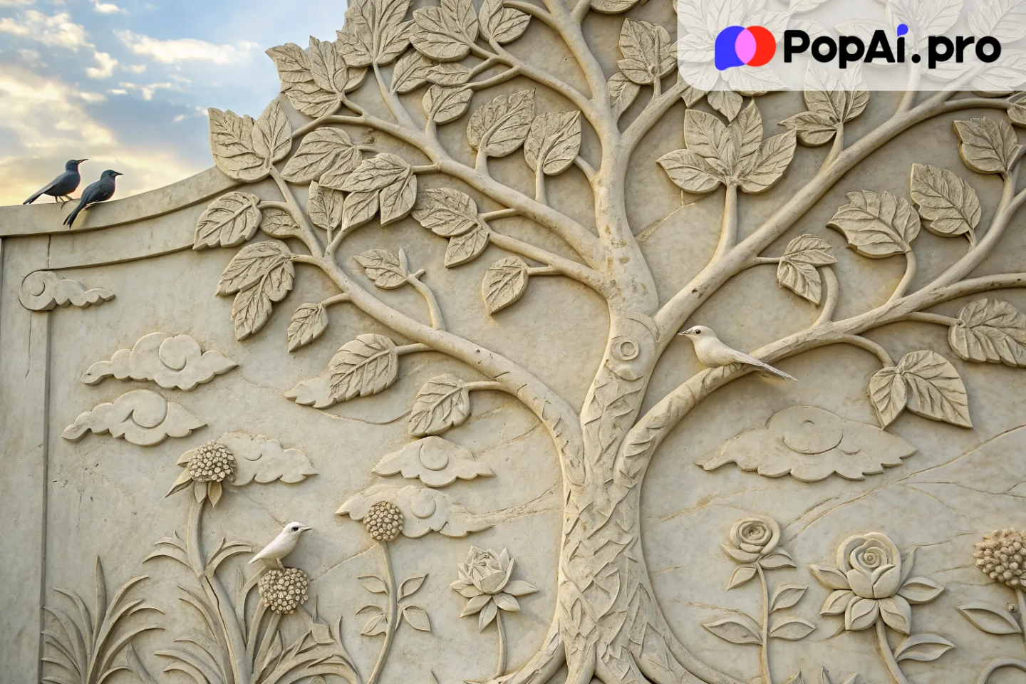 A serene bas relief of nature, showing a delicate tree with intricately carved leaves