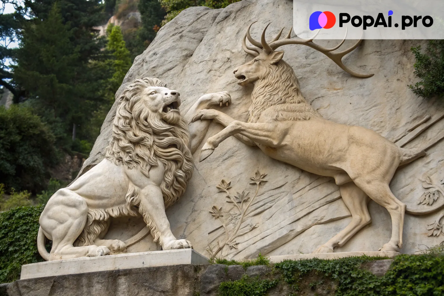 A majestic bas relief showing a lion and a deer locked in an epic battle