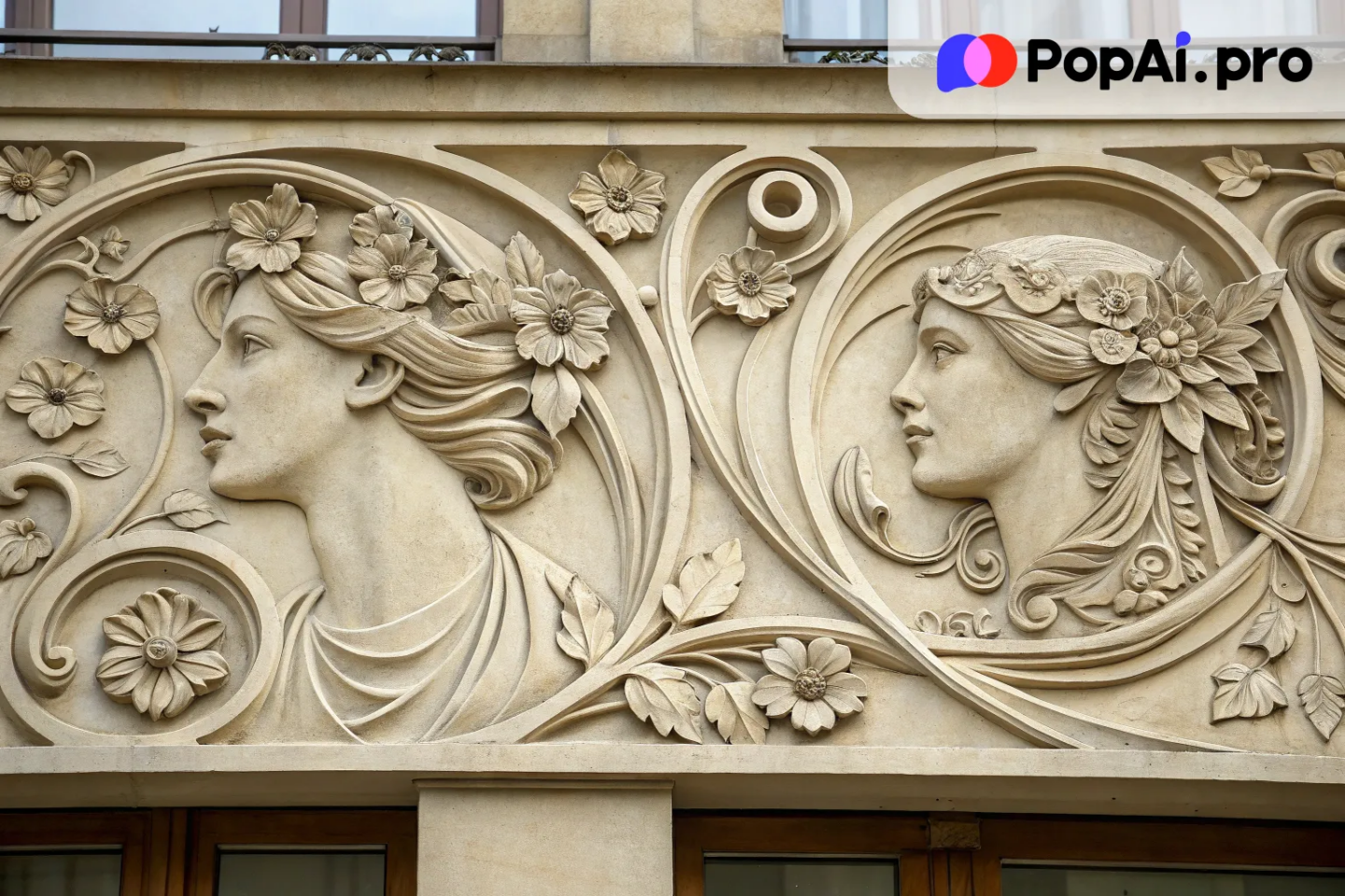 An elegant Art Nouveau-inspired bas relief featuring swirling floral motifs and flowing lines