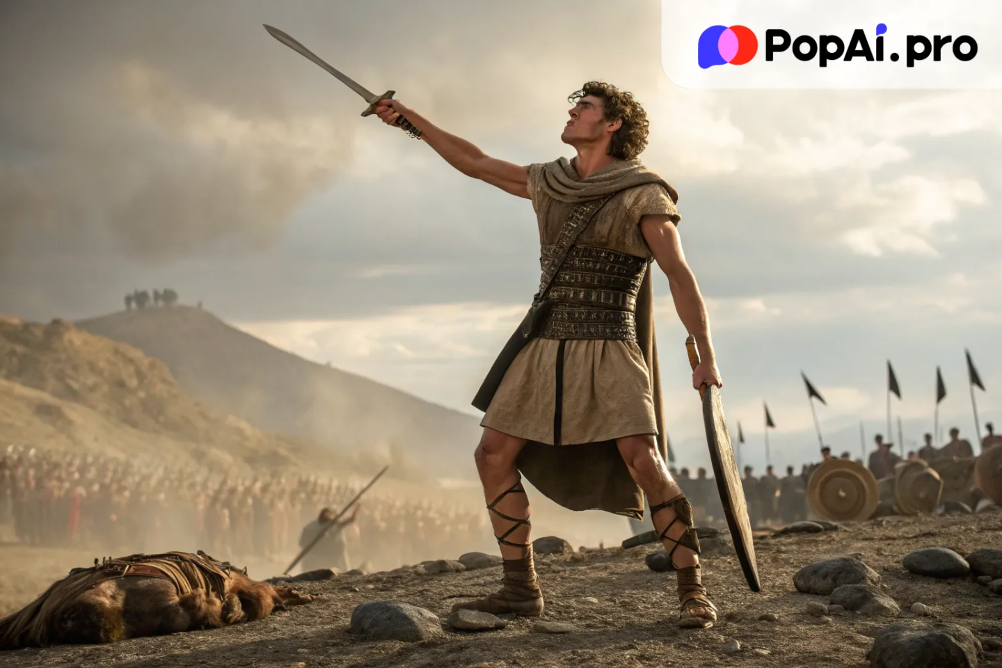 "An epic scene of young David standing victorious over the giant Goliath