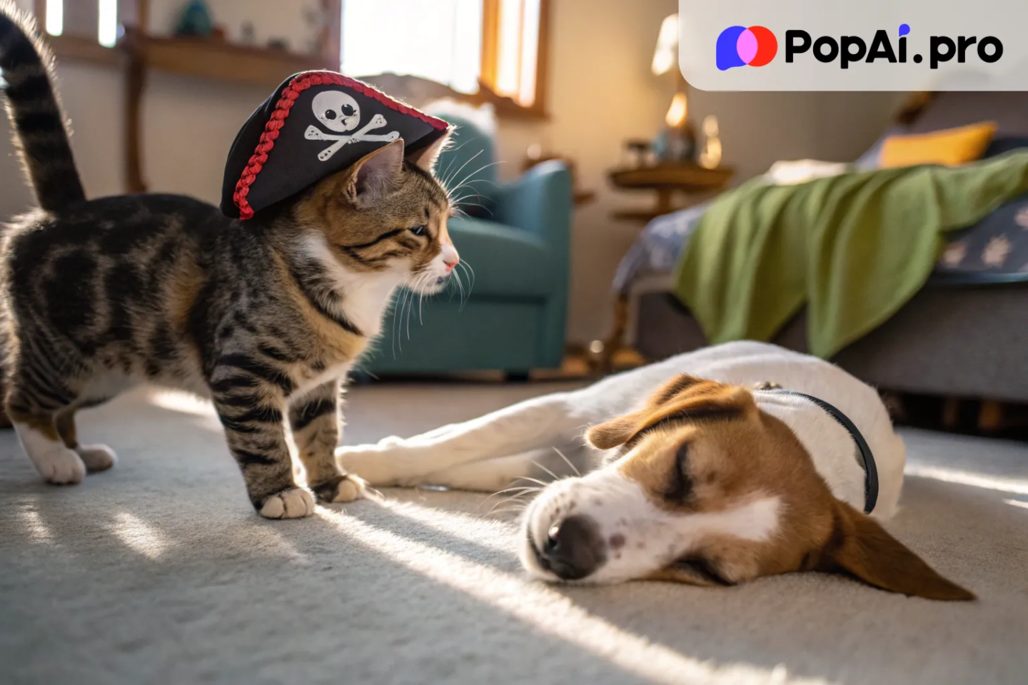 A playful cat wearing a tiny pirate hat