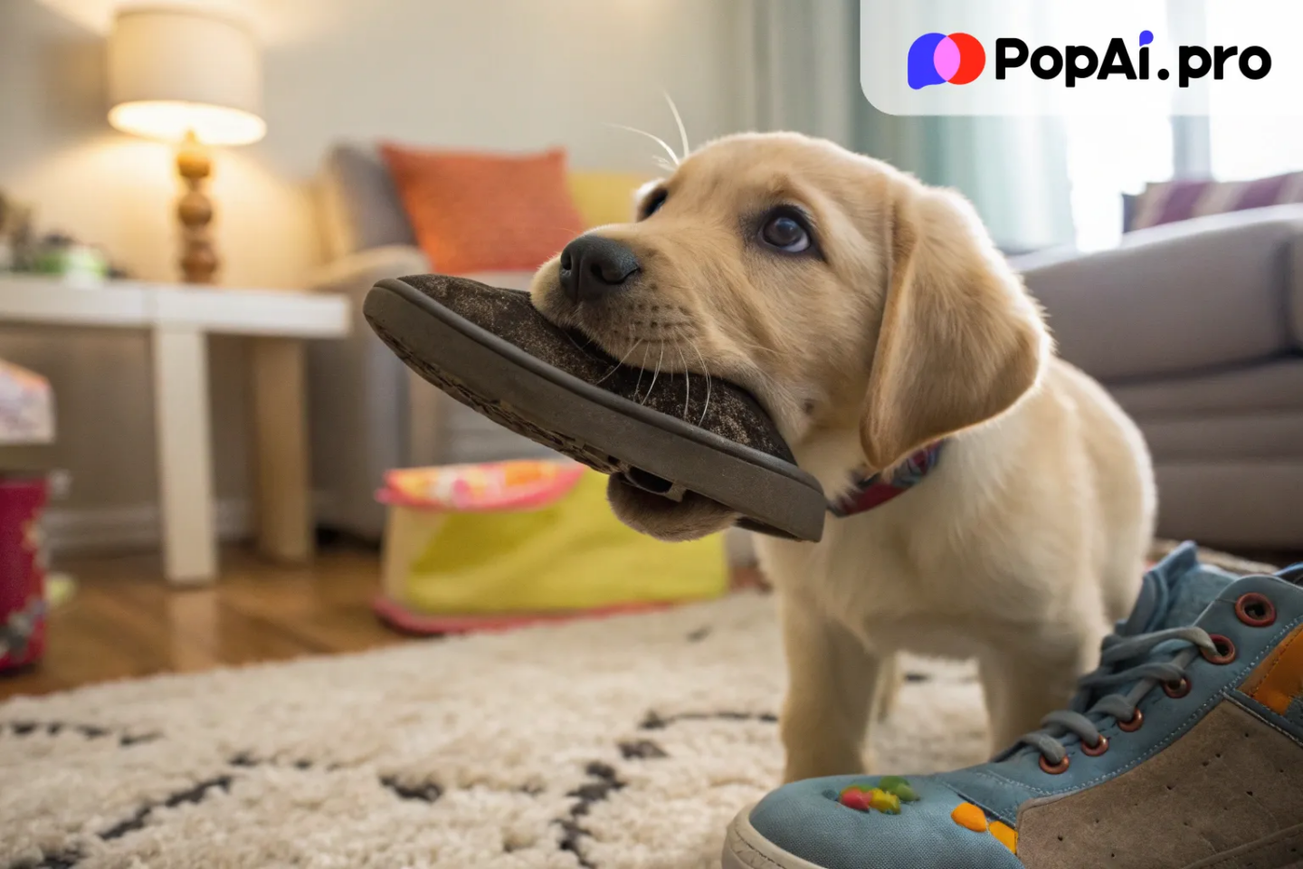 A naughty puppy with a chewed-up shoe in its mouth