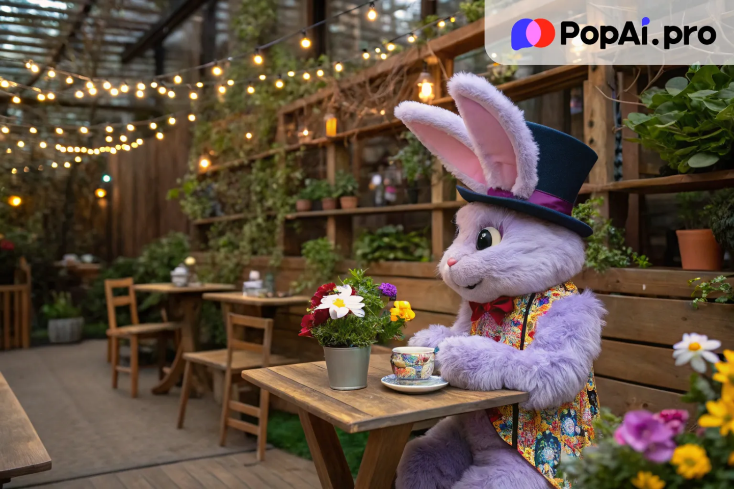 A fluffy bunny with soft lavender fur, wearing a colorful vest and a top hat
