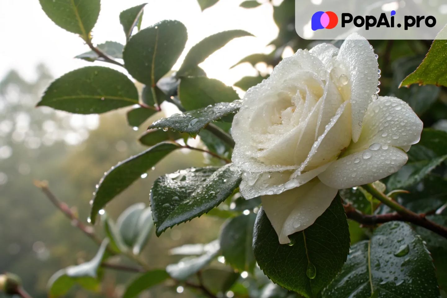 A close-up shot of a single white rose with delicate dewdrops on its soft petals