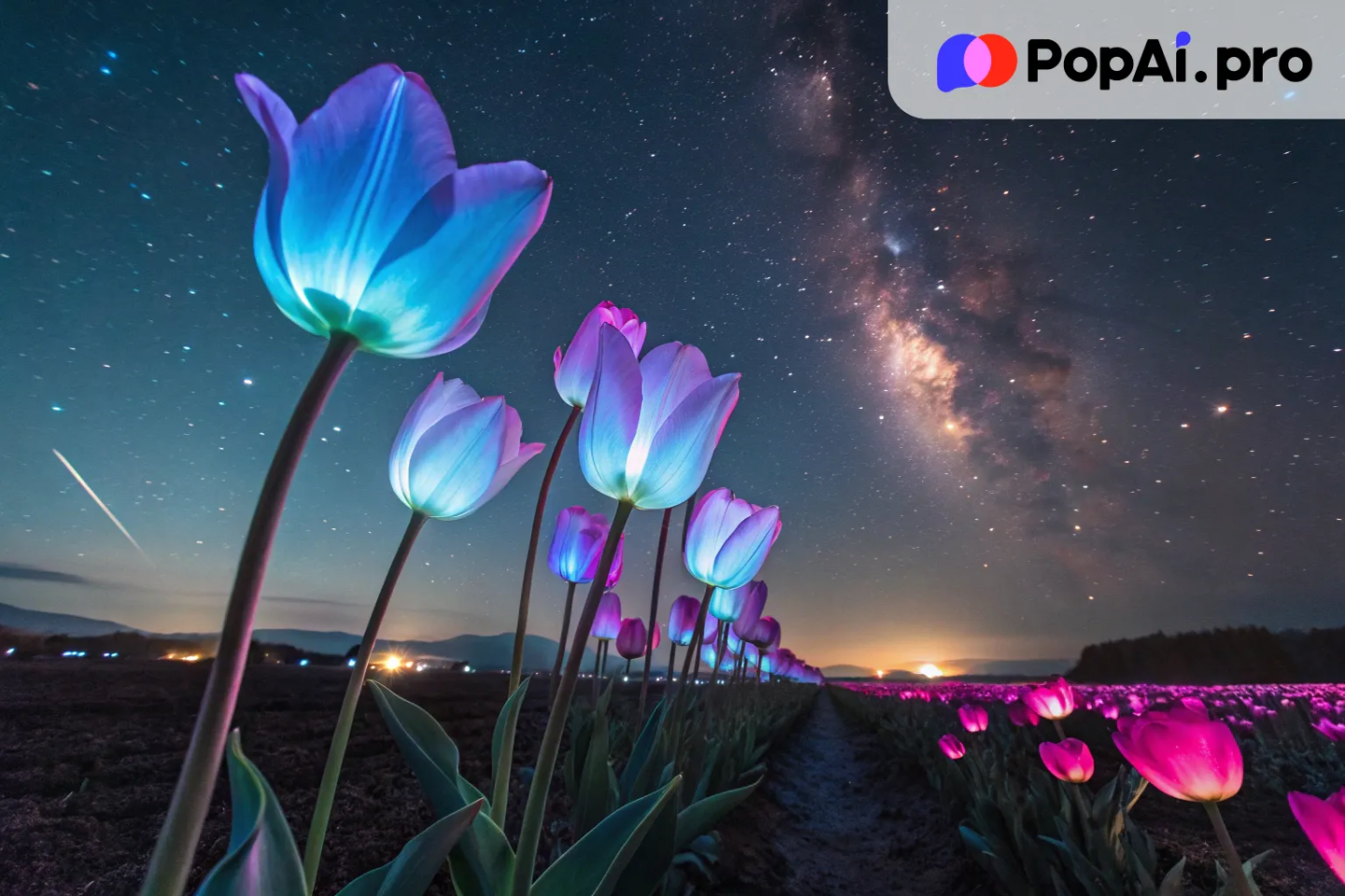 A surreal image of glowing neon tulips