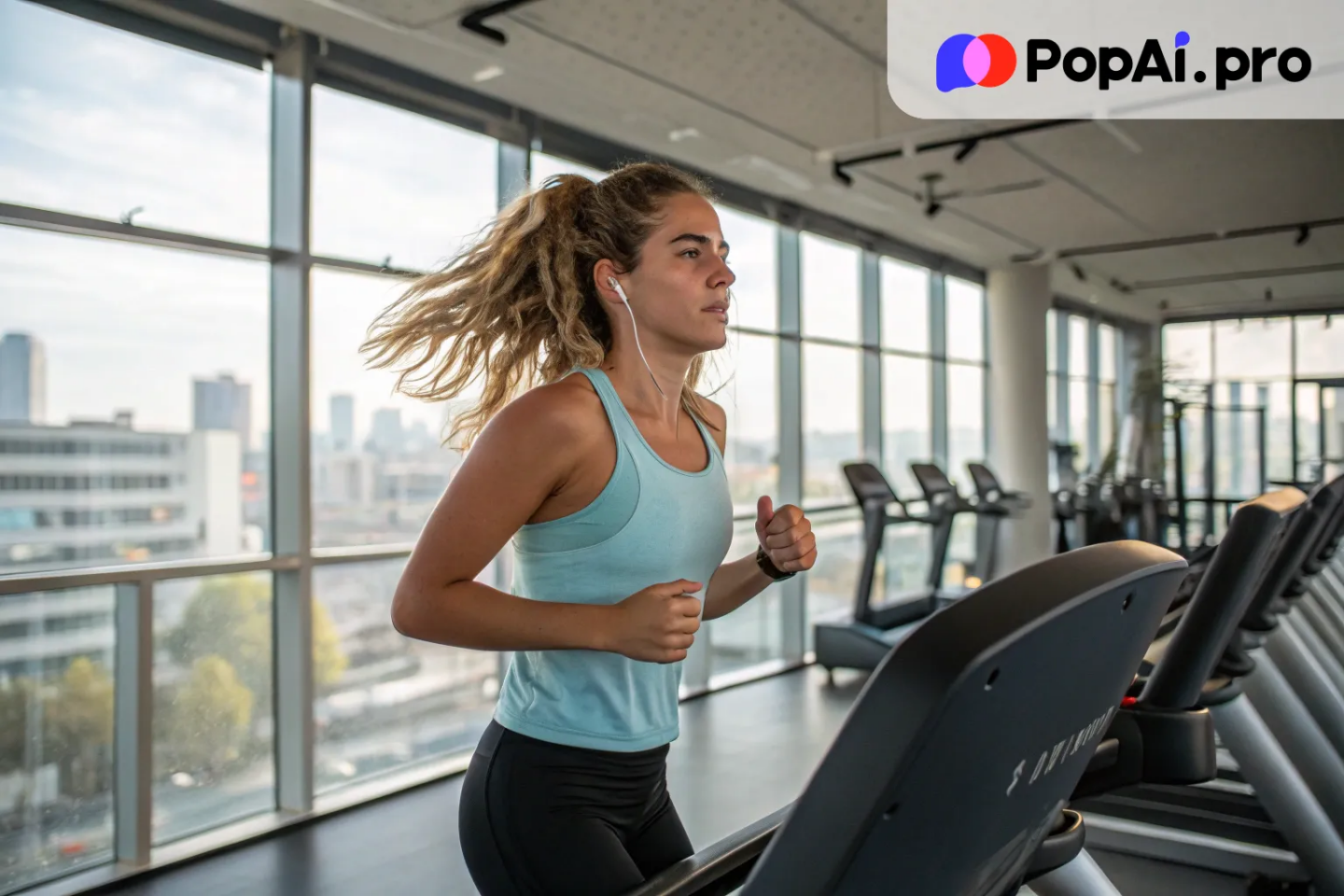 a young woman running on a treadmill in a spacious gym