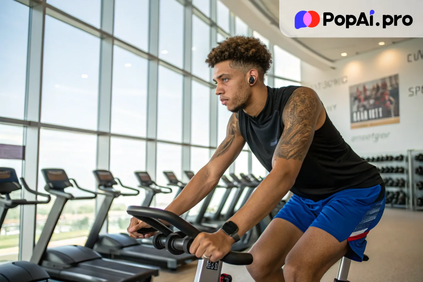 a young man warming up on a stationary bike in a high-end gym