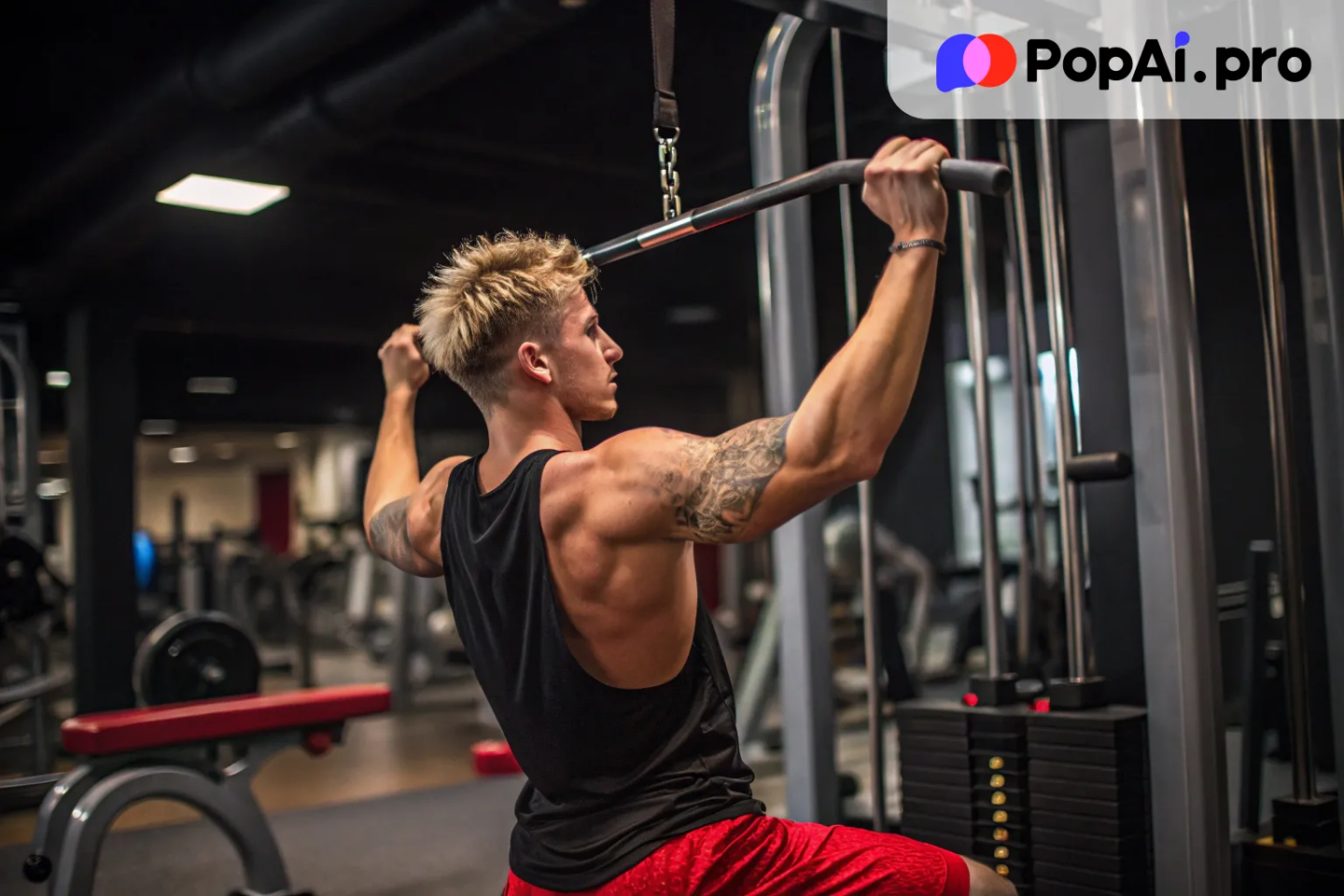 a male athlete using a lat pull-down machine in a well-equipped gym