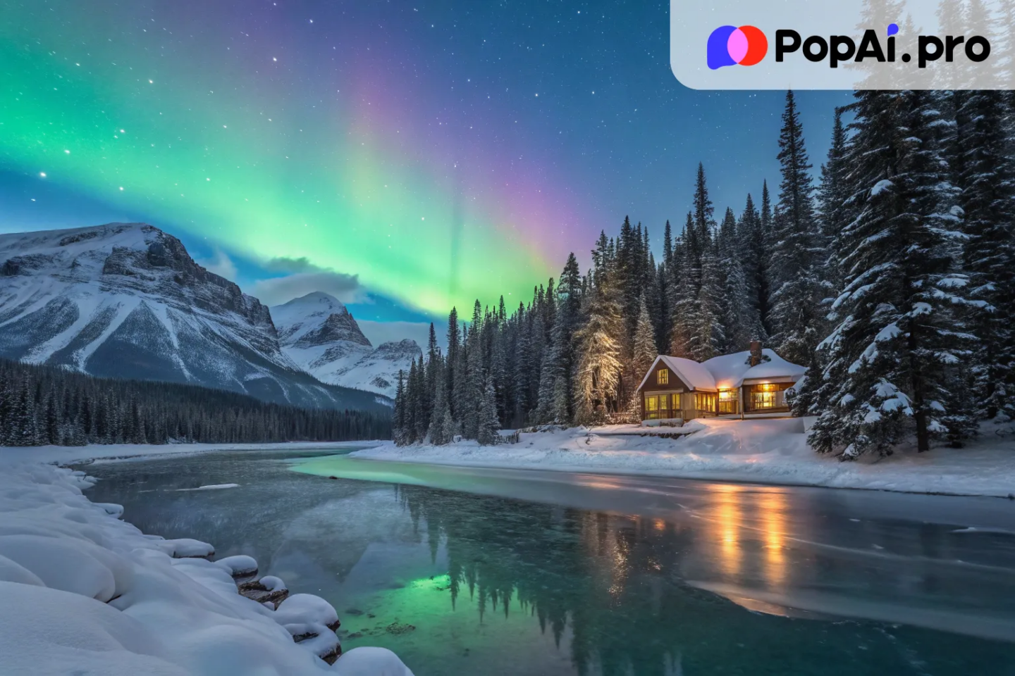 A stunning winter landscape of a frozen lake under a vibrant aurora borealis